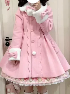 Manteaux Sweet Lolita n艙uds roses pompons manteau en polyester vêtements d'extérieur Lolita d'hiver