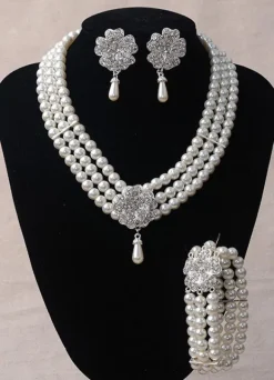 Mariage bijoux strass Set boucle d鈥檕reille perle collier et Bracelet (boucle d鈥檕reille : 5.3 Cm X 3 Cm X 0 5 Cm)