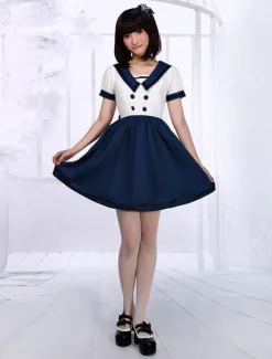 Marin Style Robe Lolita bleue attirante en coton avec ruban marin col marin Déguisements Halloween