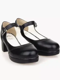 Matte Black Lolita Square talons chaussures cheville coeur forme boucle Déguisements Halloween