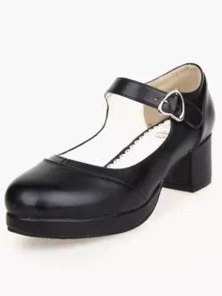 Matte Black Lolita Square talons chaussures cheville coeur forme boucle Déguisements Halloween