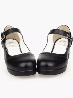 Matte Black Lolita Square talons chaussures cheville coeur forme boucle Déguisements Halloween