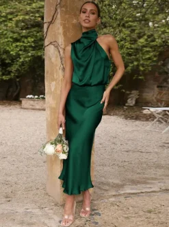 Maxi Robe Sans Manches Sexy Plissé Longueur Au Sol Robe Vert Sauge