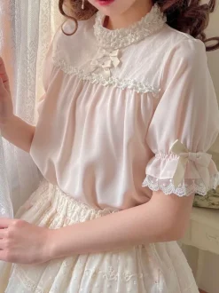 Mignonne Lolita Blouses Abricot Clair Col Montant Manches Courtes Bouffantes N艙ud Lolita Top Lolita Shirt