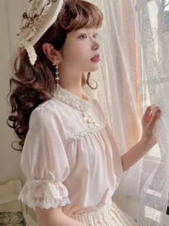Mignonne Lolita Blouses Abricot Clair Col Montant Manches Courtes Bouffantes N艙ud Lolita Top Lolita Shirt