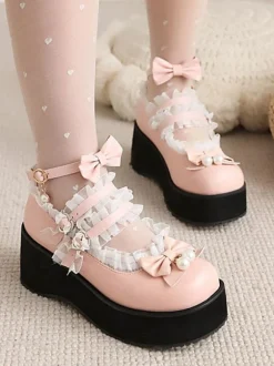 Mignonne Lolita Chaussures Perles Blanches En Cuir PU Cuir Lolita N艙ud