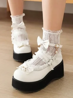 Mignonne Lolita Chaussures Perles Blanches En Cuir PU Cuir Lolita N艙ud