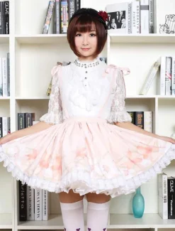 Mignonne Lolita Jupe fleur rose doux imprimé Qi Lolita dentelle garniture jupe avec porte-jarretelles Déguisements Halloween