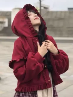 Mignonne Lolita Manteaux Bordeaux Polyester Manteau Hiver Lolita