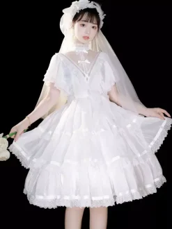Mignonne Lolita OP Robe Dentelle Blanc Manches Courtes Volants N艙uds Robe Lolita une Pièce Robe de mariée