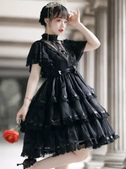 Mignonne Lolita OP Robe Dentelle Blanc Manches Courtes Volants N艙uds Robe Lolita une Pièce Robe de mariée