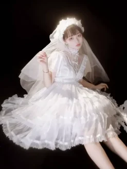 Mignonne Lolita OP Robe Dentelle Blanc Manches Courtes Volants N艙uds Robe Lolita une Pièce Robe de mariée