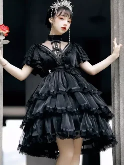 Mignonne Lolita OP Robe Dentelle Blanc Manches Courtes Volants N艙uds Robe Lolita une Pièce Robe de mariée