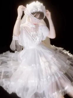 Mignonne Lolita OP Robe Dentelle Blanc Manches Courtes Volants N艙uds Robe Lolita une Pièce Robe de mariée