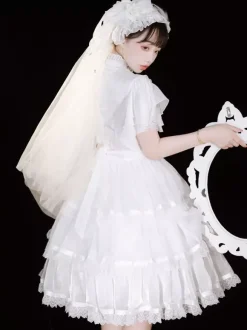 Mignonne Lolita OP Robe Dentelle Blanc Manches Courtes Volants N艙uds Robe Lolita une Pièce Robe de mariée