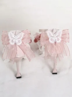 Mignonne Lolita Sandales Arcs Volants Strass Bout Pointu Arc Tissu Élastique Rose Lolita Chaussures D'été