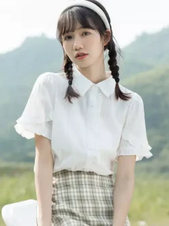 Mignonne Lolita Blouses Blanc Manches Courtes Dentelle Lolita Top Lolita Chemise