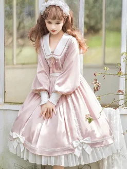 Mignonne Lolita Robe Polyester Manches Longues En Dentelle Rose Douce Lolita Une Pièce Robe