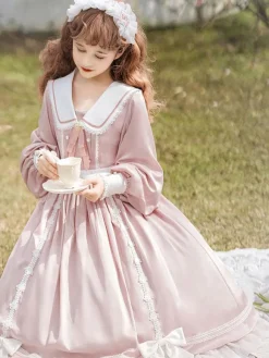 Mignonne Lolita Robe Polyester Manches Longues En Dentelle Rose Douce Lolita Une Pièce Robe