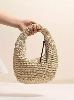 Mini sac bandoulière en raphia et paille style croissant tissé ajouré sac hobo sac à main d'été pour la plage.
