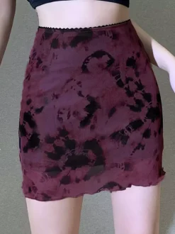 Mini-jupe en résille tie-dye pour femme - Jupe moulante grunge Y2K à ourlet ondulé - Festival d'été 2026
