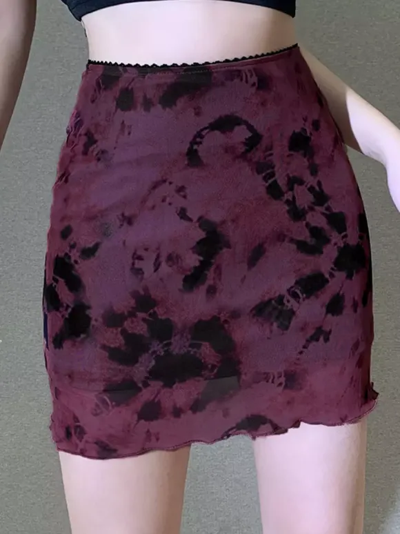 Mini-jupe en résille tie-dye pour femme - Jupe moulante grunge Y2K à ourlet ondulé - Festival d'été 2026