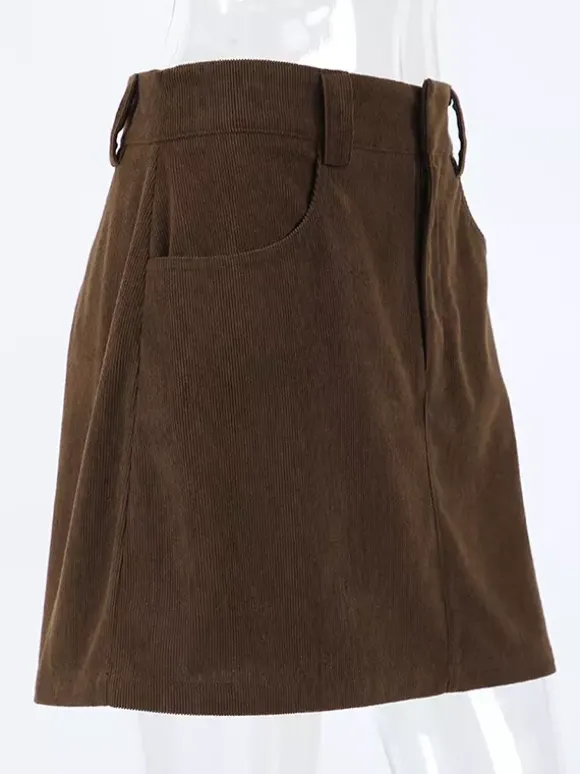 Mini-jupe femme en velours côtelé marron - Coupe rétro taille haute slim trapèze - Collection printemps-été 2026