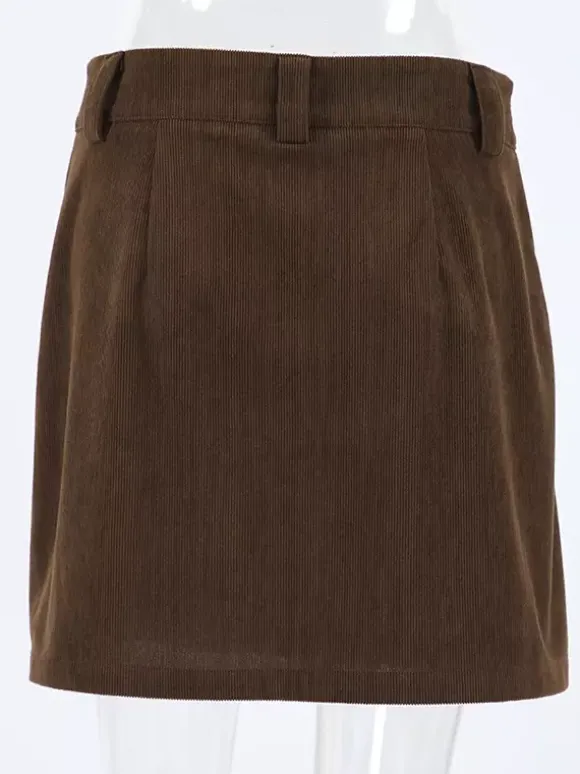 Mini-jupe femme en velours côtelé marron - Coupe rétro taille haute slim trapèze - Collection printemps-été 2026