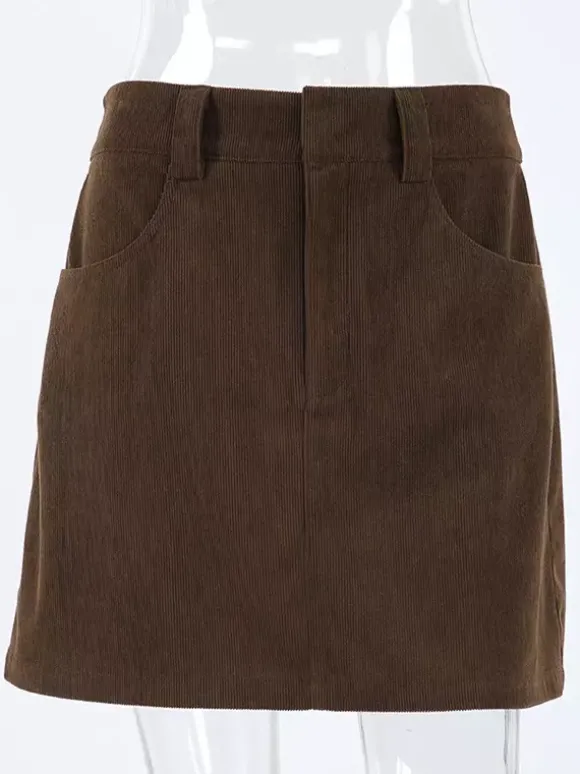 Mini-jupe femme en velours côtelé marron - Coupe rétro taille haute slim trapèze - Collection printemps-été 2026