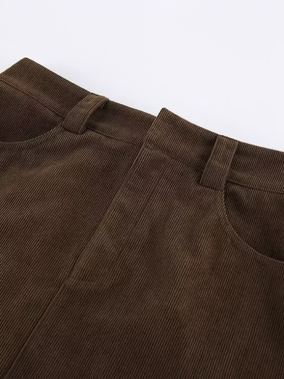 Mini-jupe femme en velours côtelé marron - Coupe rétro taille haute slim trapèze - Collection printemps-été 2026