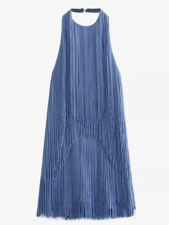 Mini-robe à franges et pompons dos nu et décolleté licou pour soirée 2026