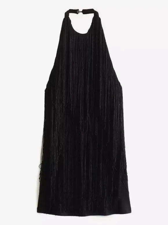 Mini-robe à franges et pompons dos nu et décolleté licou pour soirée 2026