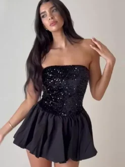 Mini-robe bustier à sequins et jupe bouffante 2026