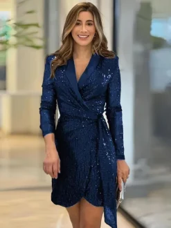 Mini robe blazer à paillettes revers portefeuille col en V manches longues robes de jour
