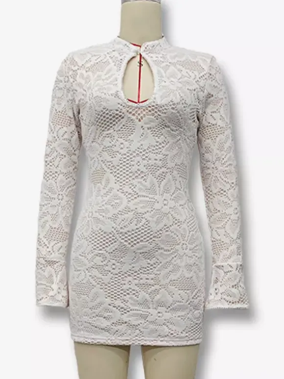 Mini robe en dentelle avec découpes à manches longues et col haut robe moulante sexy pour femme 2026
