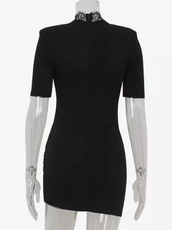 Mini robe moulante noire avec bordure en dentelle et col haut - Robe de club sexy pour femme 2026