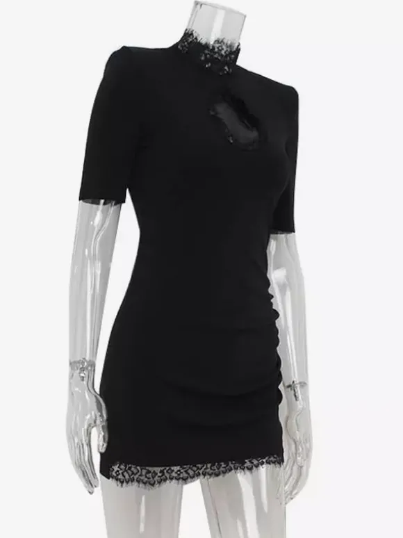 Mini robe moulante noire avec bordure en dentelle et col haut - Robe de club sexy pour femme 2026