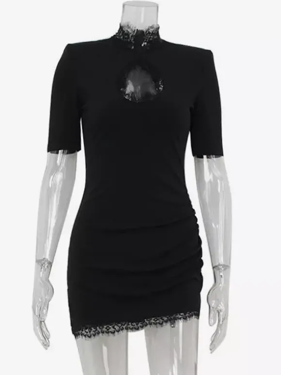 Mini robe moulante noire avec bordure en dentelle et col haut - Robe de club sexy pour femme 2026