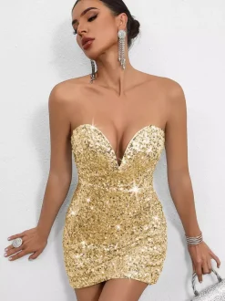 Mini-robe moulante à sequins décolleté en c艙ur et n艙ud dans le dos idéale pour les fêtes 2026