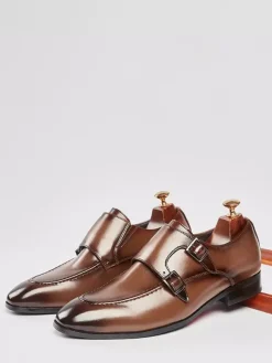 Mocassins à bout pointu pour homme chaussures britanniques à double boucle chaussures d'affaires formelles en cuir véritable