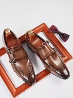 Mocassins à bout pointu pour homme chaussures britanniques à double boucle chaussures d'affaires formelles en cuir véritable
