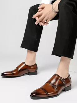 Mocassins à lacets pour homme bout uni double boucle cuir antidérapant talon carré chaussures de bal basses