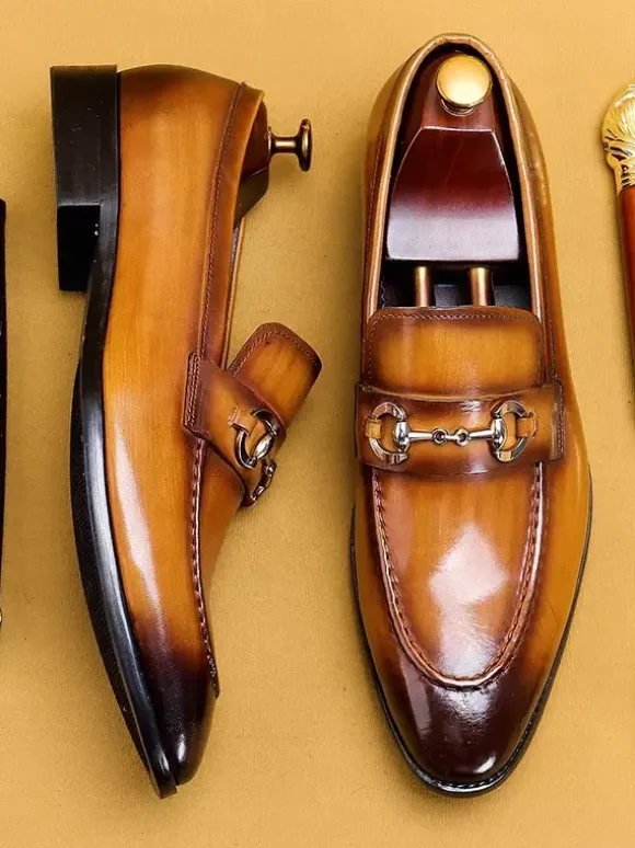 Mocassins à mors pour homme en cuir véritable à bout pointu à enfiler