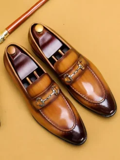 Mocassins à mors pour homme en cuir véritable à bout pointu à enfiler