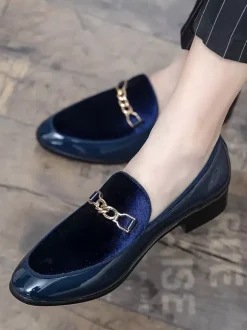 Mocassins à mors pour hommes en daim cuir à enfiler avec boucle à chaîne bout pointu talons bas chaussures de bal