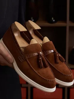 Mocassins à pampilles pour hommes bout rond en daim chaussures de bal et de mariage