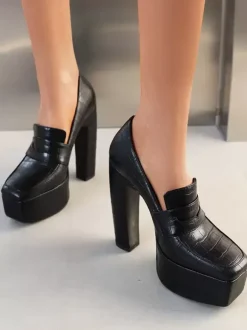 Mocassins à plateforme pour femmes talons épais motif pierre escarpins à enfiler