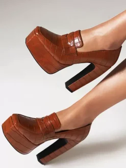 Mocassins à plateforme pour femmes talons épais motif pierre escarpins à enfiler