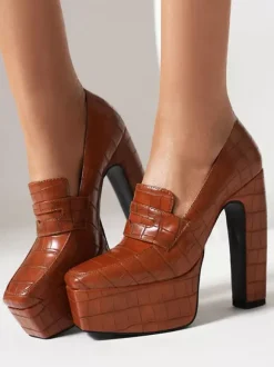 Mocassins à plateforme pour femmes talons épais motif pierre escarpins à enfiler
