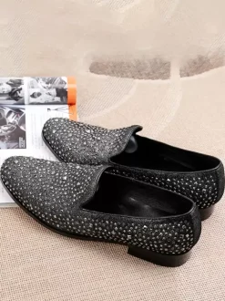 Mocassins à rivets et paillettes pour homme chaussures de mariage de bal à enfiler en cuir et à bout pointu